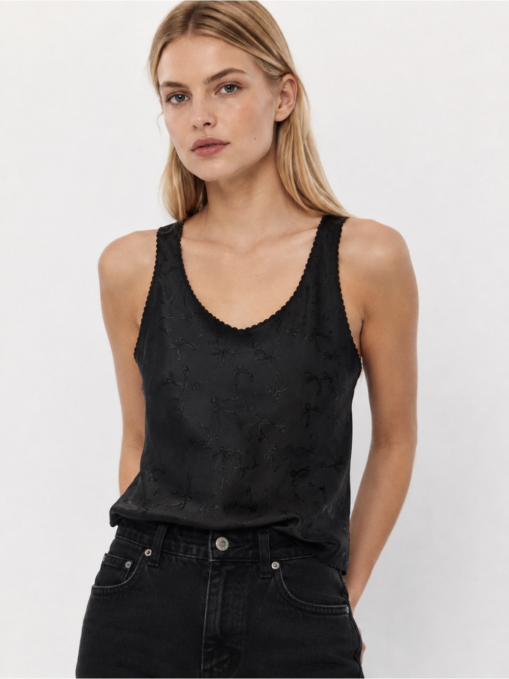 Vintage Black Lingerie Cami Top with Bow Detail